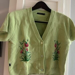 Obey Women's Light Green Floral Button-Up Sweater Cardigan large